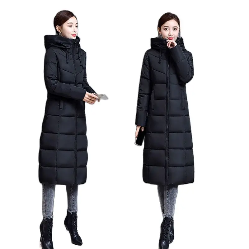 

Winter Jackets Women Coat Female Slim Parka Over-Knee Cotton Padded Hooded Outerwear Warm Black Long Coat 6XL Q129