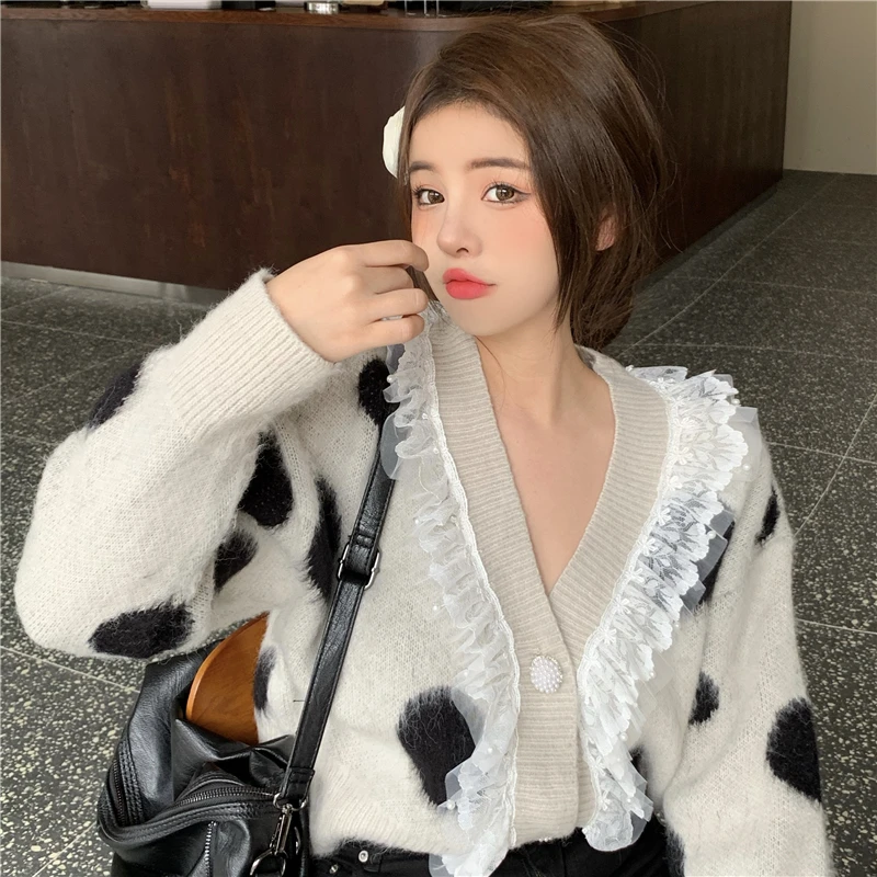 

V-neck Cropped Cardigan Korean Fashion Patchwork Lace Long Sleeve Crop Top Winter New Causal Knitted Sweaters for Women Clothes