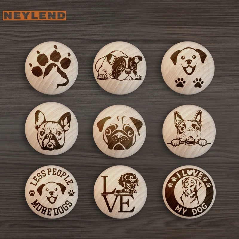 

NEYLEND Engraved Wooden drawer Handle Lovely dogs Design Nature Wooden Knobs Single Hole Beech Circular Cabinet Pulls Hardware