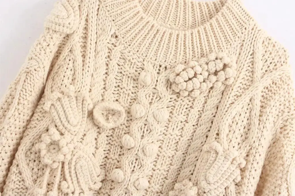 Womens Oversized beige Sweater long sleeve thick Winter loose knit Pullover Embroidered vintage zora Jumper Top 2020 | Женская одежда