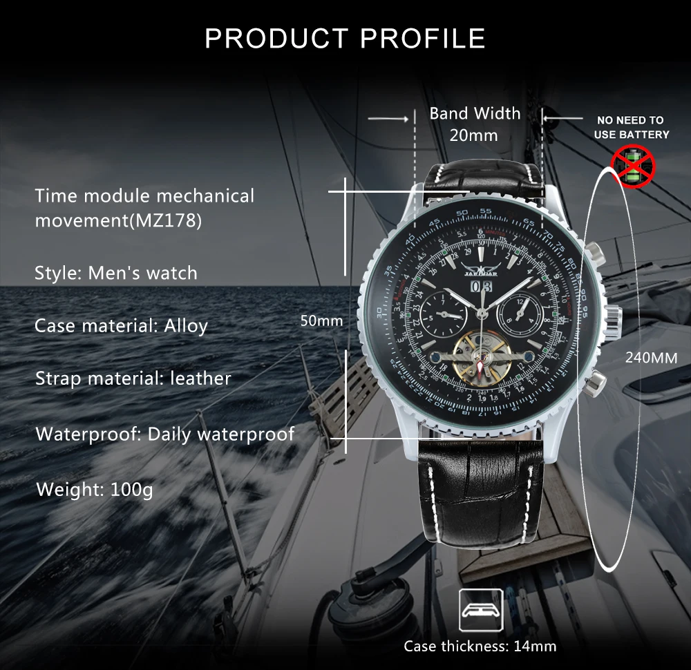 Мужские автоматические механические часы JARAGAR Tourbillon классические с кожаным