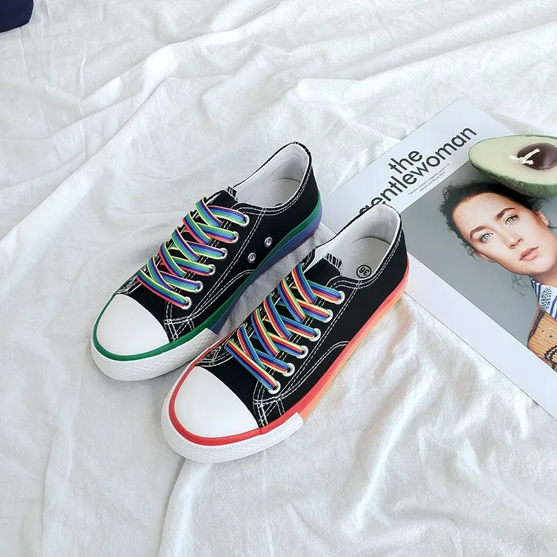 

Women Shoes 2021 New High-Top Rainbow Canvas Zapato Fashion Casual Lace-Up Vulcanized Chaussure Japanese Korean Flat Footwesr A9