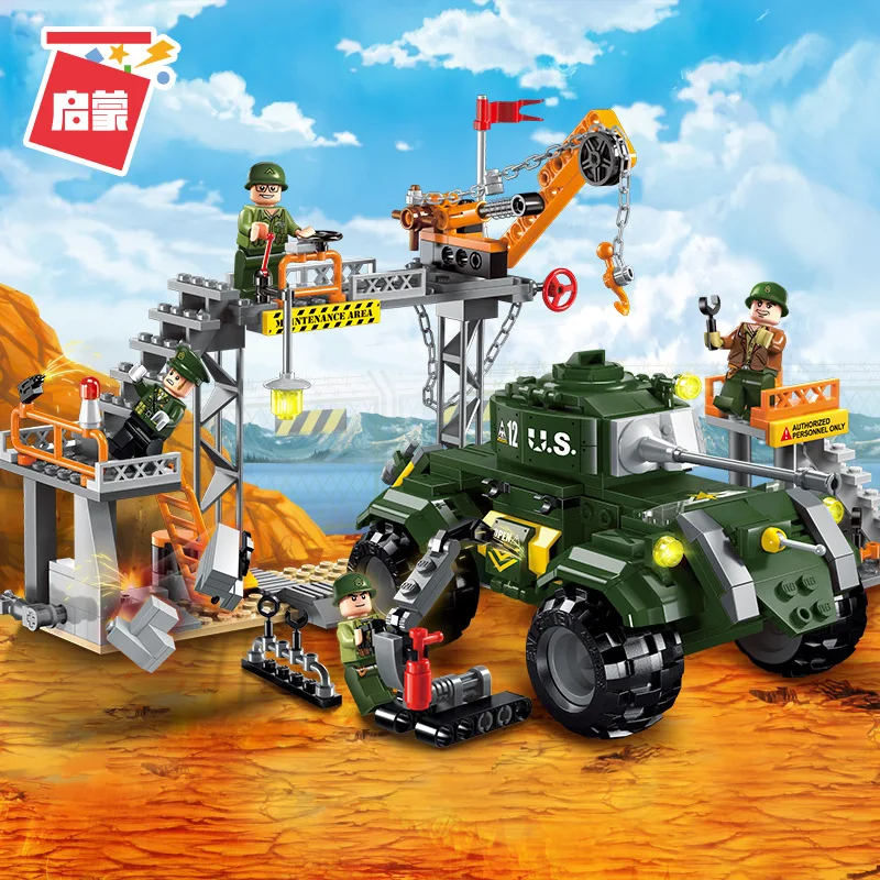 

396Pcs Enlightenment 1712 Military Armored Tank Transporter Military Repair Factory Assembled Building Blocks and Toys