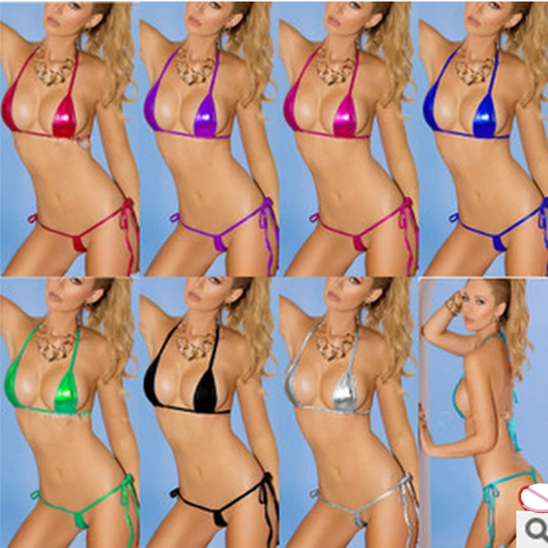 

New Sexy Leather Bra Set Three-point Bewikini Style Hot Erotic Women's Costume Seduction Bikini Underwear Set with GiveG String