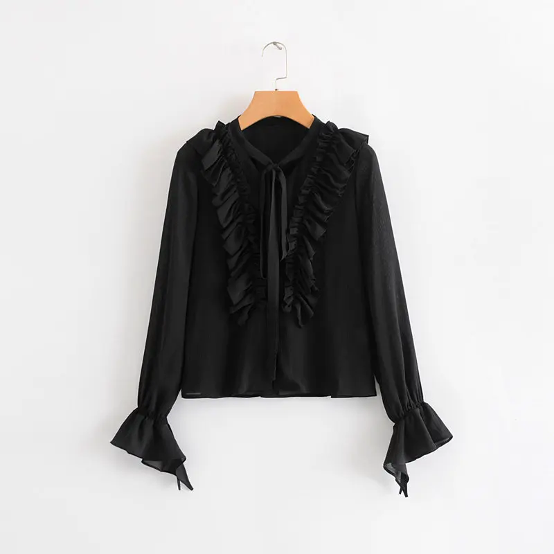 Новая модная женская черная блузка с v образным вырезом и каскадными оборками
