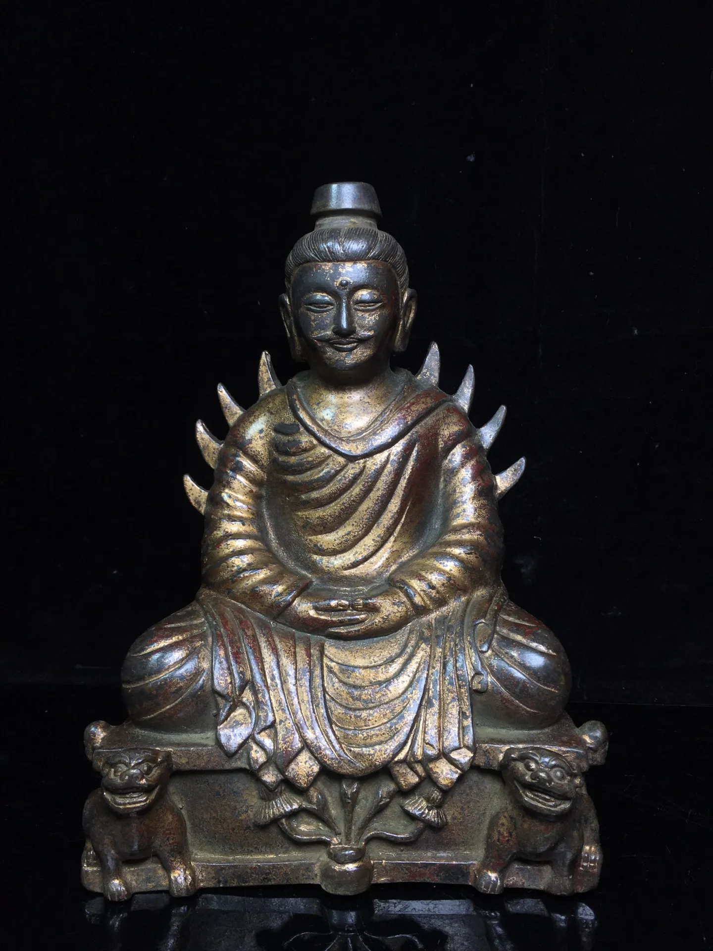 

9"Chinese Folk Collection Old Bronze Cinnabar Lacquer Northern Wei Buddha Sakyamuni Amitabha Sitting Buddha Ornaments Town House