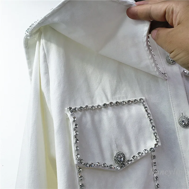 Diamant Strass Chemise Femme 2021 Printemps Nouveau Denim Blanc Chemisier Femme Vêtements Hauts Amples Femme Blusas À Manches Longues Revers