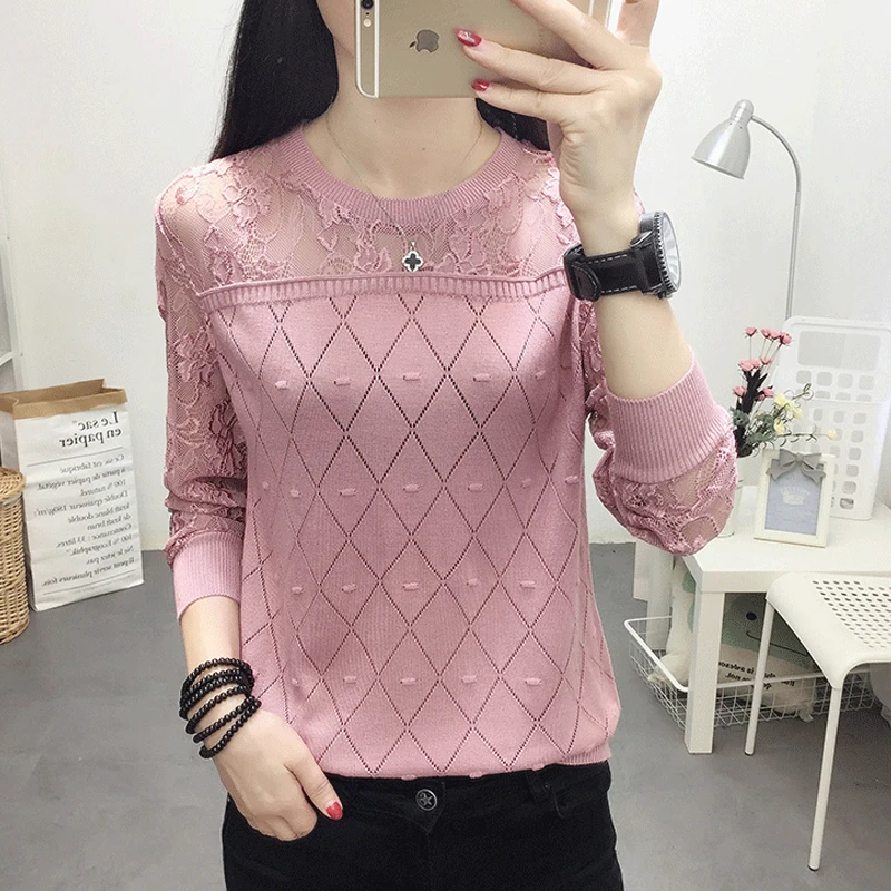 

Autumn Solid Women's Knitted Sweater Long Sleeve Ladies Jumper O-Neck Argyle Transparent Female Pullover Lace Patchwork Knitwear