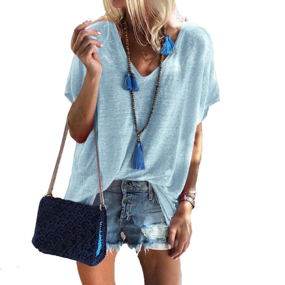 

Cross-border Women's 2019 Hot Style Summer Candy Color Large Size Loose V-neck Short-sleeved T-shirt Women Casual V-Neck