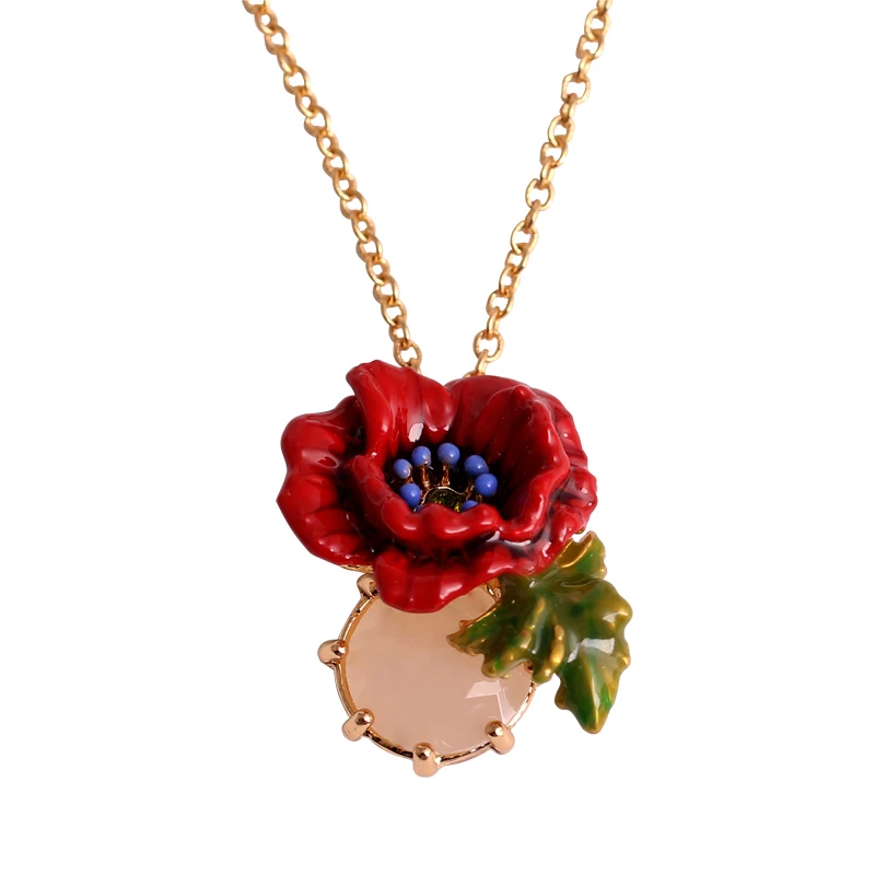 

Necklace Mori enamel red pollen gem poppy flowers versatile fashion clavicle chain female