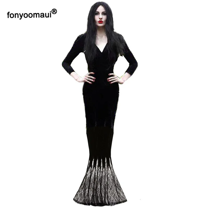 Для взрослых женщин Готический Хэллоуин Morticia Addams призрак ведьмы костюм ужас черный пол кружевное платье халат одежда для женщин