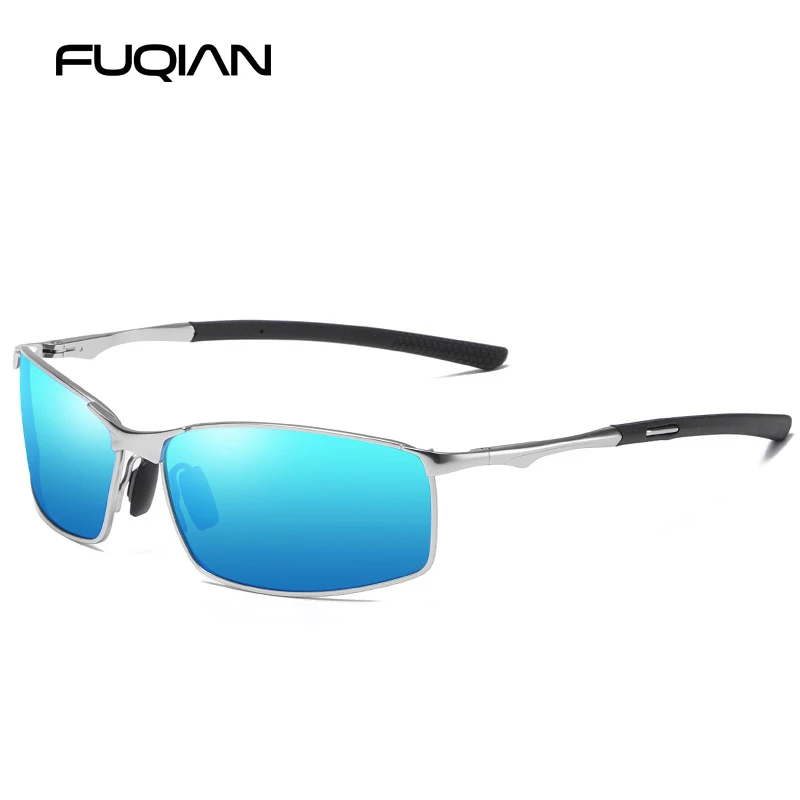 SILVER BLUE FUQIAN, модные, для вождения, поляризационные солнцезащитные очки, мужские, высокое качество, металлический квадрат, мужские солнцезащитные очки, для улицы, солнцезащитные очки, Gafas De Sol - Цвет линз: SILVER BLUE