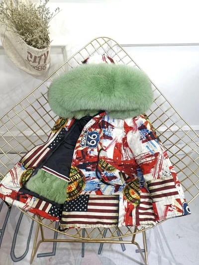 Red Flag Green Fur Children Winter Jacket Graffiti Boys Girls Real Fur Coat Thick Warm Rabbit Fur Kids Jacket Coat Furry Natural Fur Collar TZ428 - Цвет: Red Flag Green Fur