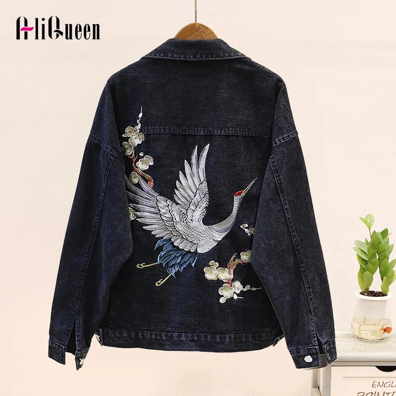 

Женская обувь в винтажном стиле; Уличная черная класса люкс с вышитым лебедем джинсовые пальто и куртки, Женское пальто свободная синяя кор...