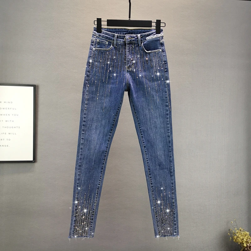 

Модные женские джинсы, новинка сезона осень 2021, облегающие эластичные брюки-карандаш с высокой талией и вертикальными полосками, модные джи...