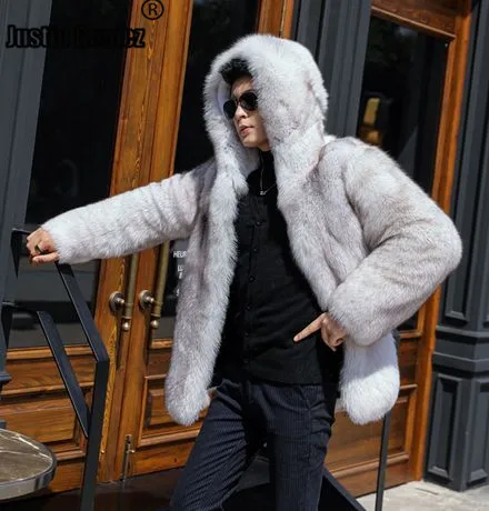 

Fashion White Man Coat With Hooded Winter Warm Soft Windproof Men Jacket 2020 Short Fur Coats Manteau Femme