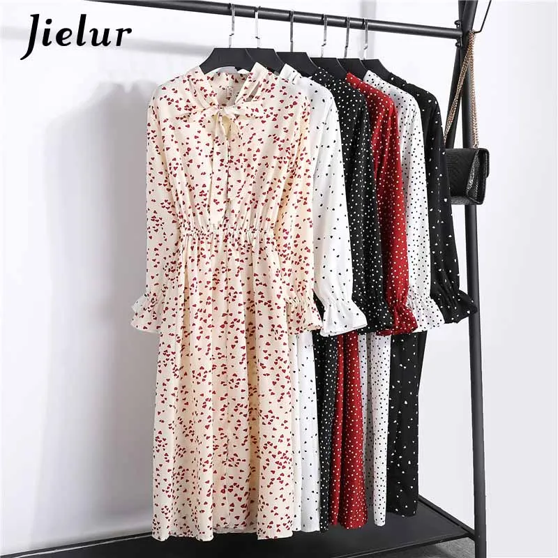 Jielur принтом шифон для женщин сезон весна осень платье с длинными рукавами и