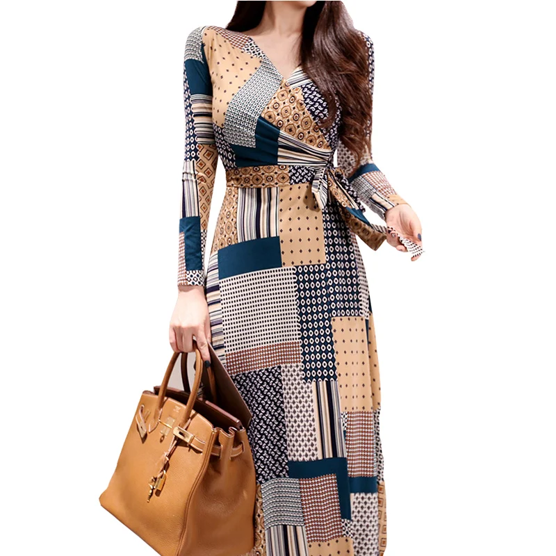 

Spring Autumn Women's New Korean OL V-Neck Slim Printed Long Skirt Fashion Dress