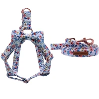 cotton spring blue flower dog harness with bowtie and basic dog leash adjustable buckle pet supplies