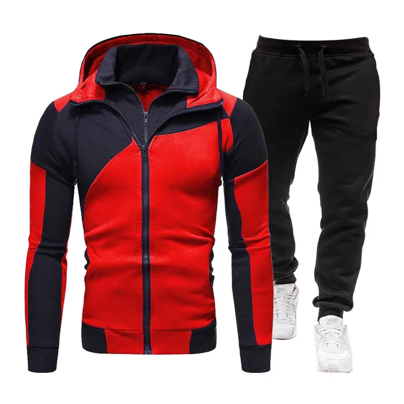 

2021 new fashion daily casual men's double zipper stitching hooded sweatshirt sports suit