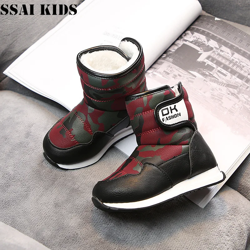 

SSAI KIDS 2020 boys girls snow boots children mid-tube boots plus velvet padded waterproof boy leather boots kids boots girls