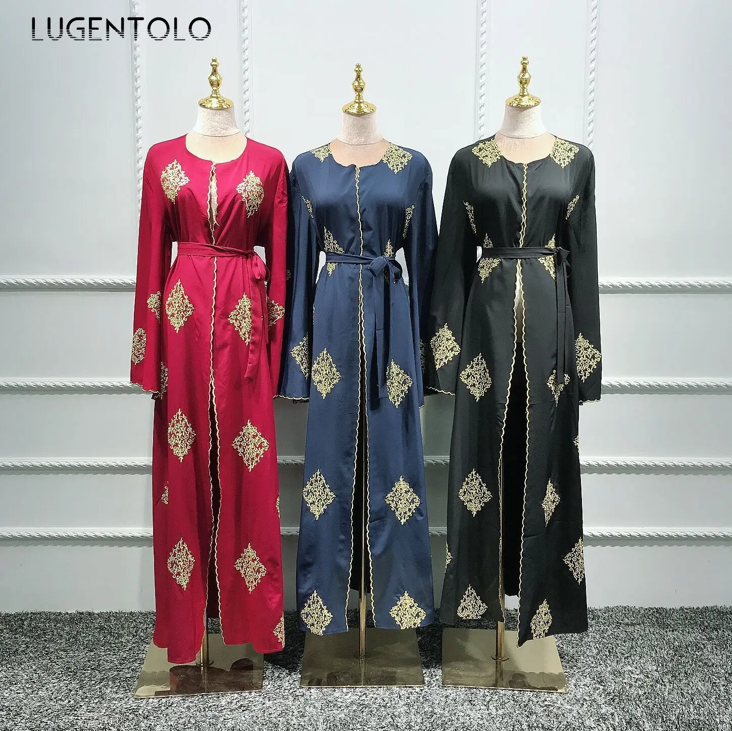

Women Long Dress Fashion Muslim Vintage Cardigan Embroidery Dress Loose V-neck Lacing Casual Lady Elegant Maxi Dresses Lugentolo