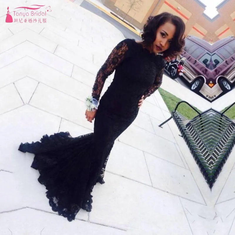 

Sexy Long Sleeve Mermaid Prom Dresses 2019 New Sweep Train High Neck Lace 3D Floral Applique Beading Formal Evening Dress W062