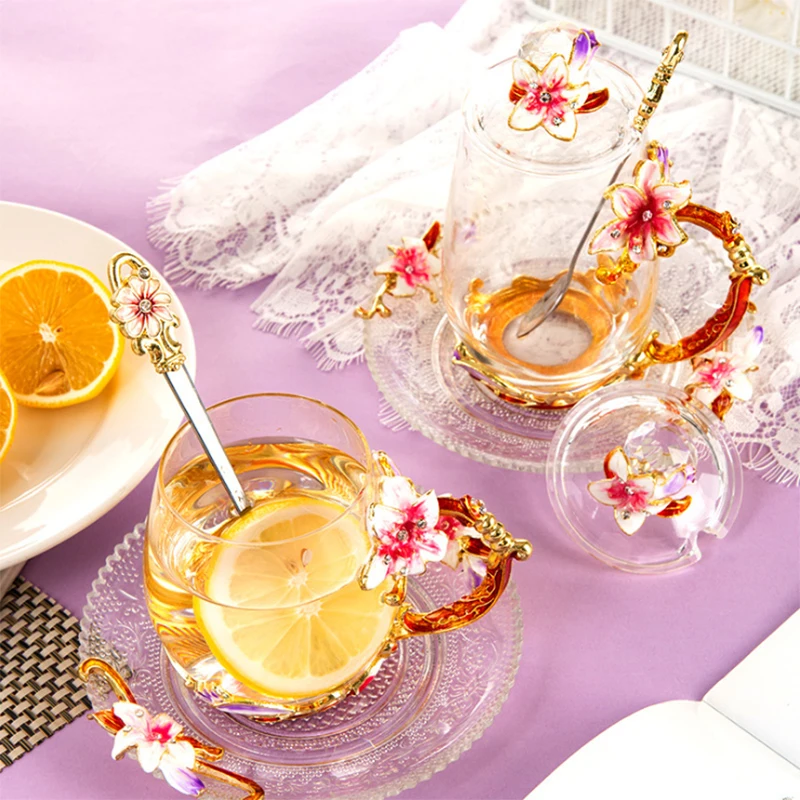 Цветная эмалированная кофейная чашка чайные стеклянные чашки с цветком для