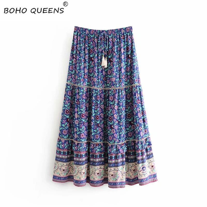 Boho chic хиппи Женская пляжная Цветочная юбка с кисточками богемная юбка с высокой эластичной талией А-силуэт Макси Юбка Femme
