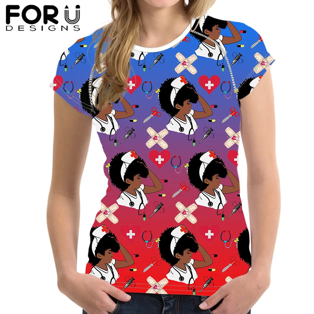 

FORUDESIGNS Casual O-neck T-shirt Tops for Woman Kawaii Cartoon Nurse Gradient Design Tshirt 3D Print Clothes camisetas de mujer