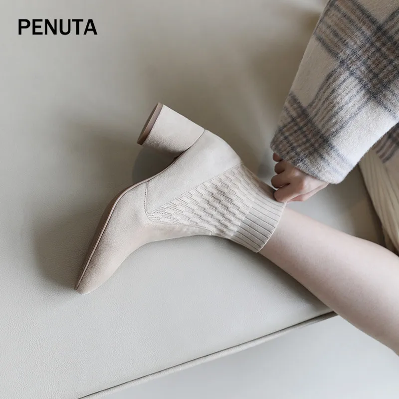 PENUTA; женские эластичные сапоги; замшевые ботильоны; Женская эластичная Осенняя обувь на не сужающемся книзу высоком массивном каблуке; дизайн; PD984