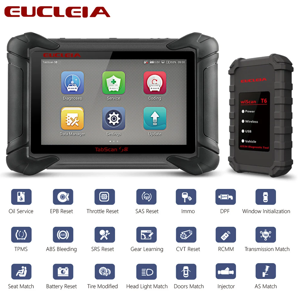 

Автомобильный сканер EUCLEIA S8 OBD2, профессиональный считыватель кодов для всех систем, 21 перезаказ, кодирование ECU, активный тест OBD2, автомобиль...