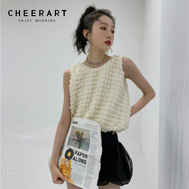 

CHEERART Designer Puffy Plaid Sleeveless Top Women 2021 Korean Fashion Summer Tank Top Beige Kawaii Going Out Trendy Tops