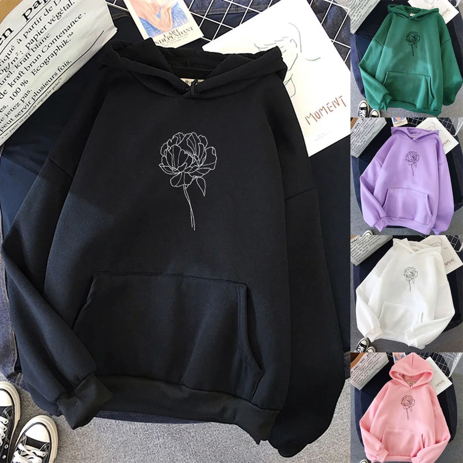 

Women Sweatshirt Autumn Winter Rose Print Hoodie Flower Pattern Pullover Tops Long Sleeved Comfortable Korean Style Streetwear