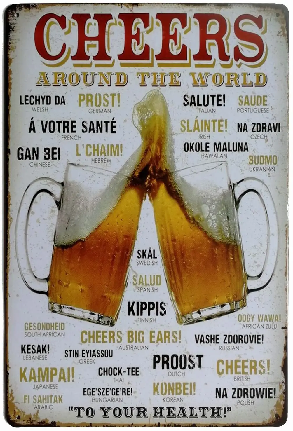 

Cheers Around The World Drinking Distressed Metal Retro Wall Decor Vintage Tin Sign 7.8"x11.8"
