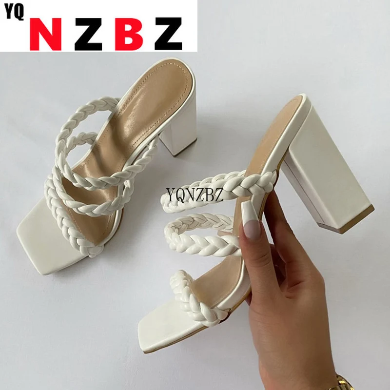 

YQNZBZ Summer Women Braid Sandals Ladies High Heel Slippers White Black Open Toe Thick Heel Fashion Female Slides Summer Shoes