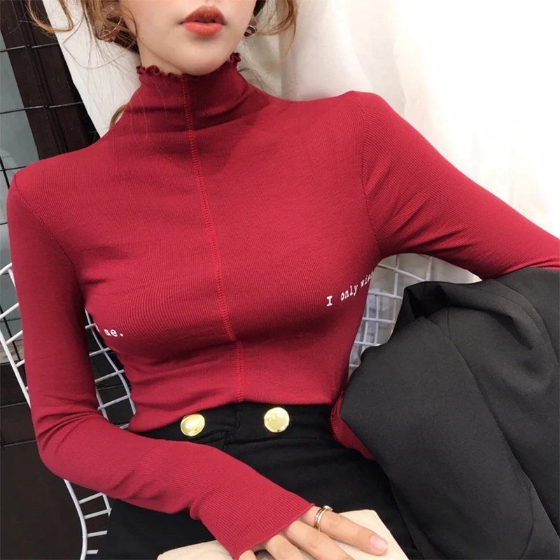 

2019 Autumn and Winter Trendy European Slim Fit Versatile Top Frilled Half Turtleneck Bottoming Shirt Female Inner Wear Long