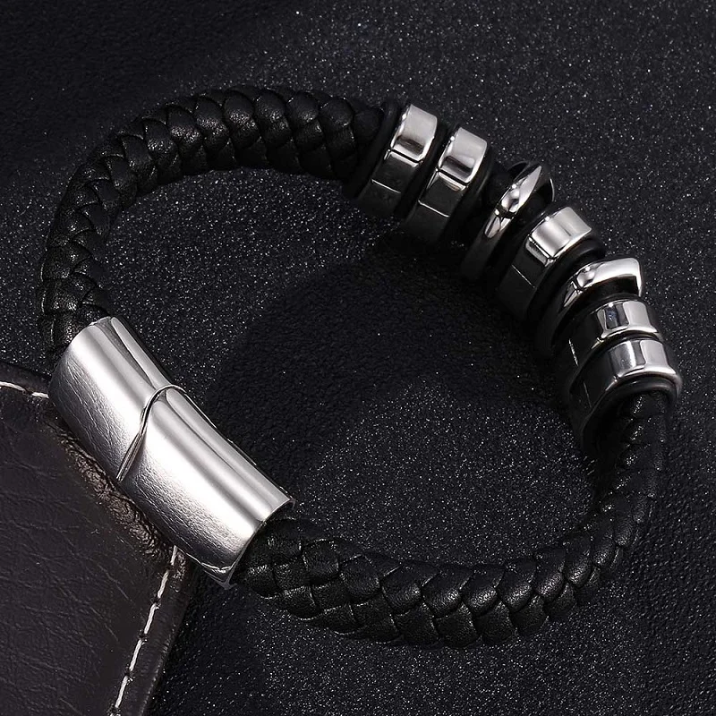 Модный черный плетеный кожаный браслет мужские аксессуары из нержавеющей стали