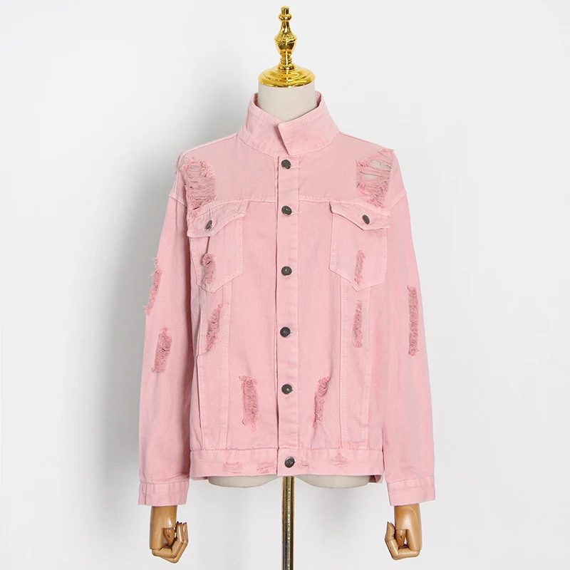 

CHICEVER Pink Denim Jackets For Women Lapel Long Sleeve Single Breasted Hole Loose Coats Casual Clothes New 2021 Autumn Clothing