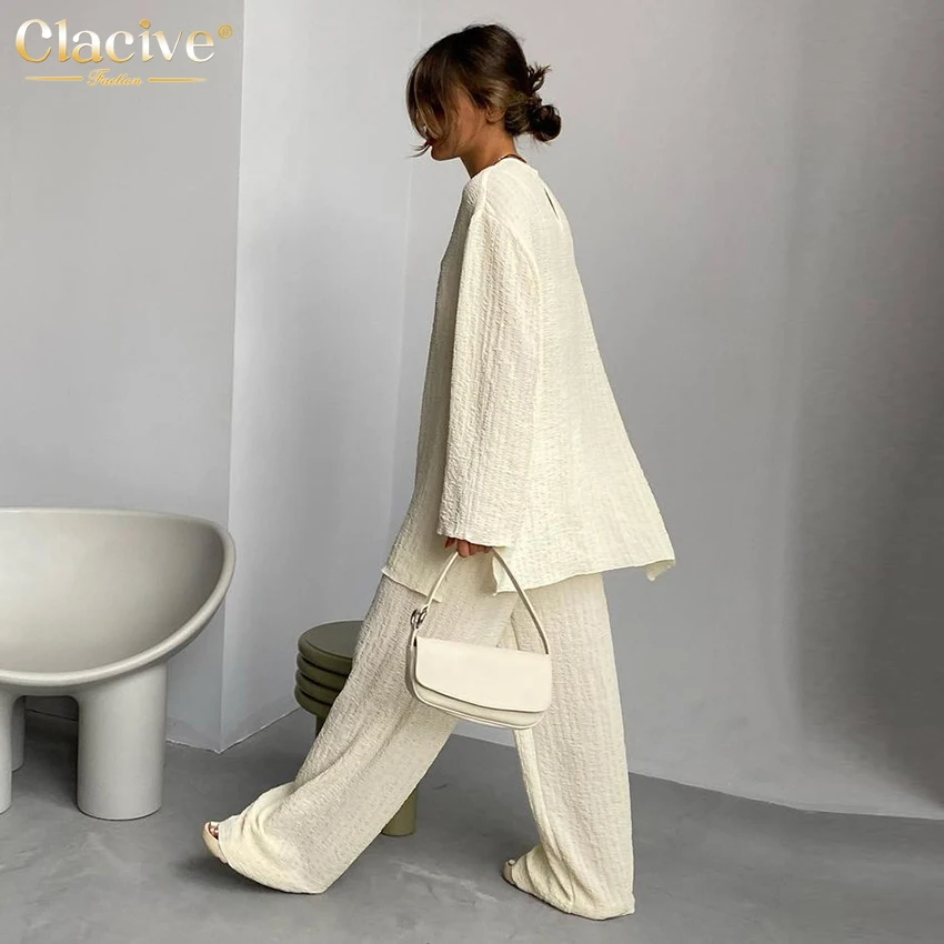 

Clacive Fashion Loose 2 Piece Pants Set Women Casual Long Sleeve T-Shrit Matching Wide Trousers Suit Vintage High Wasit Pant Set