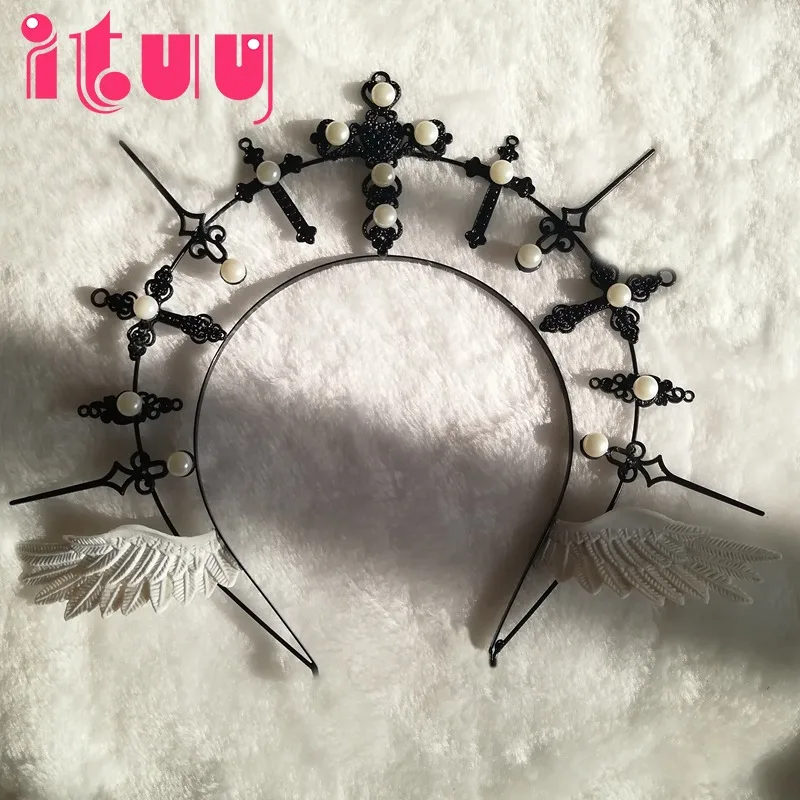 

Ручной работы KC Halo Корона Головные уборы стиль ретро; Готический стиль; Стиль Девы Марии темной аурой крест Halo Корона оригинальные лента для волос аксессуары для волос для Хэллоуина