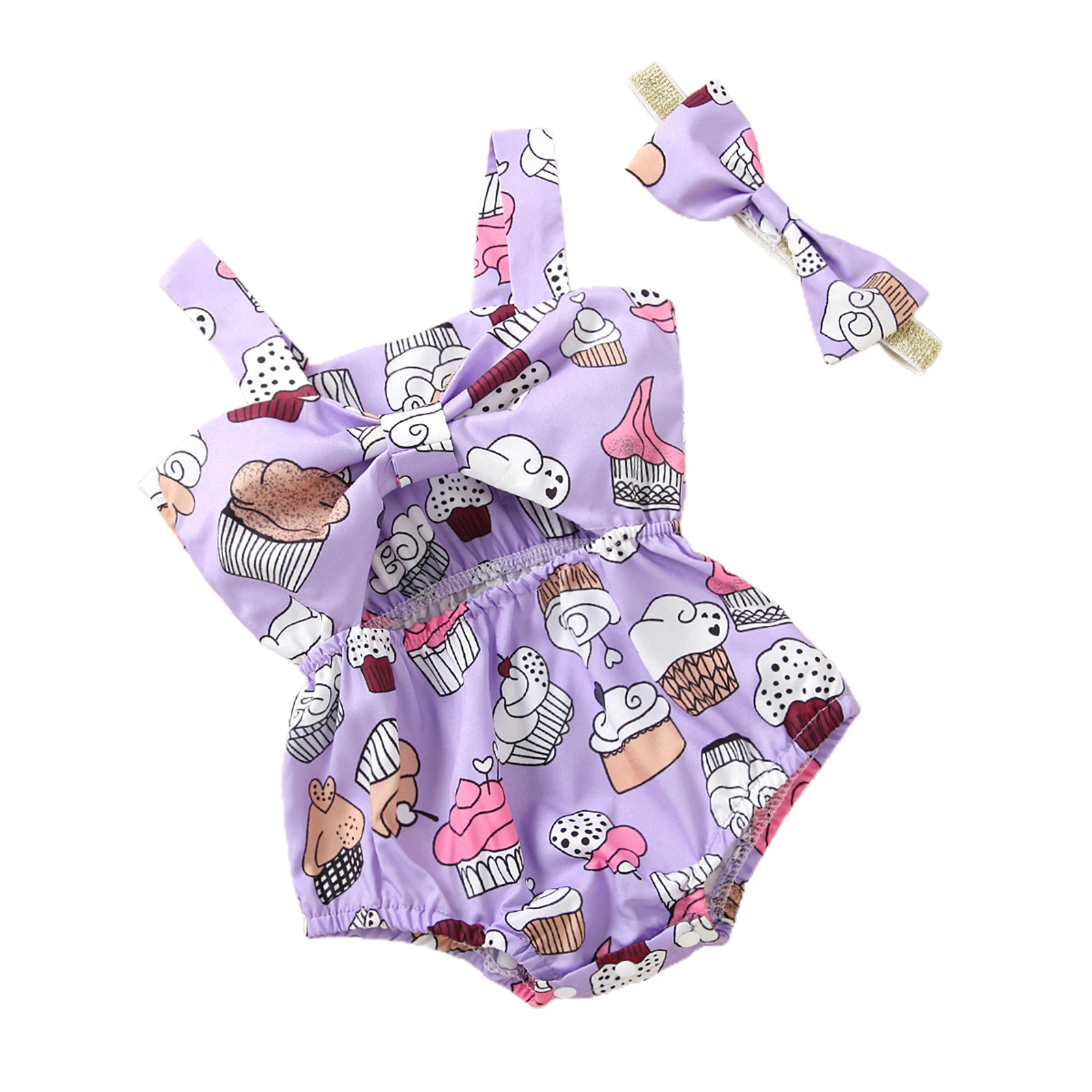 

2Pcs Baby Newborn Girls Ice Cream Cartoon Printed Pattern Sleeveless Square Collar Romper Infant Toddler Summer Rompers 0-24M