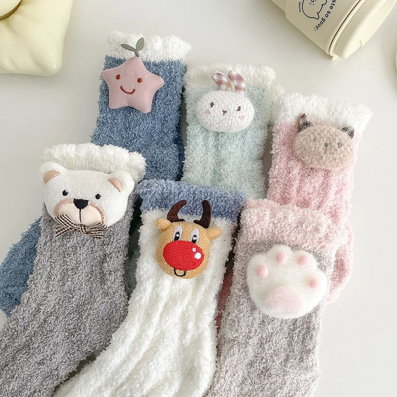 

SP & CITY, зимние милые носки-трубы средней длины с мультяшным рисунком, женские толстые теплые милые короткие Носки с рисунком животных, милые ...