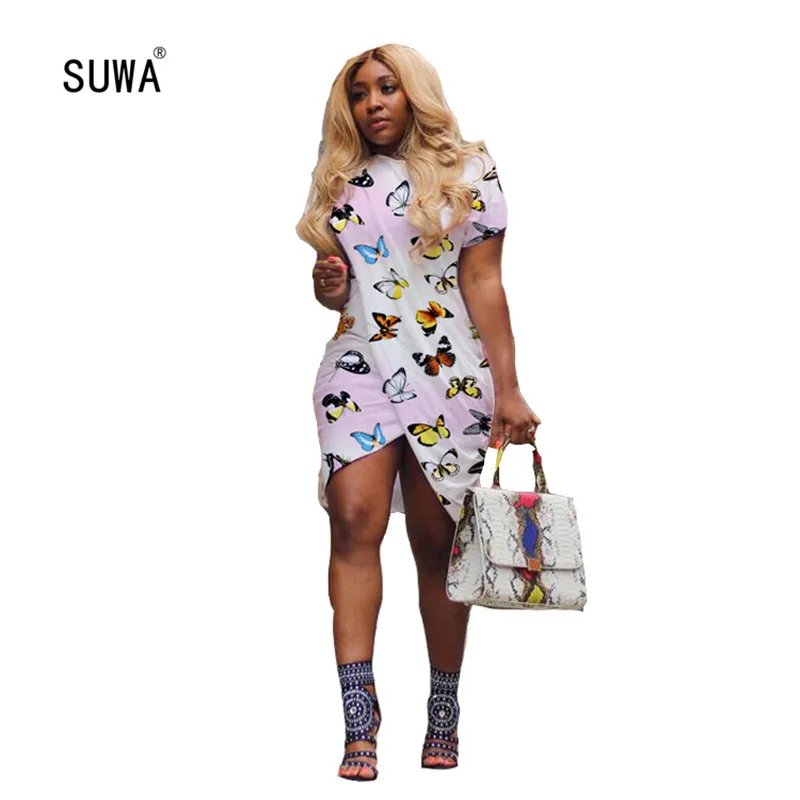 

Cute Cartoon Print Asymmetric Mini Vestidos 2020 Summer Streetwear Women O Neck Short Sleeve Pullover T-shirt Dress 3 Color