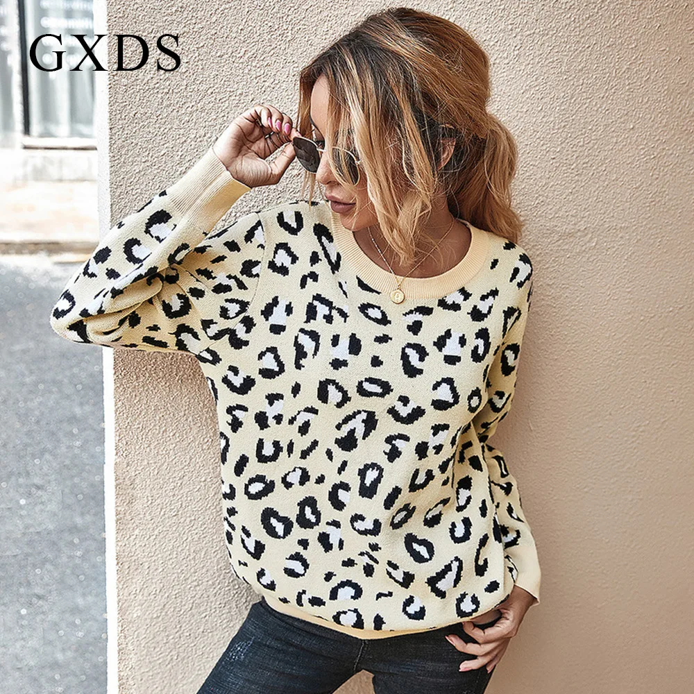 

GXDS Fashion Leopard Sweater Y2K Clothes Autumn Winter O-Neck Pullover Sweater Back Hollow Long-sleeved Korean Slim Women Tops