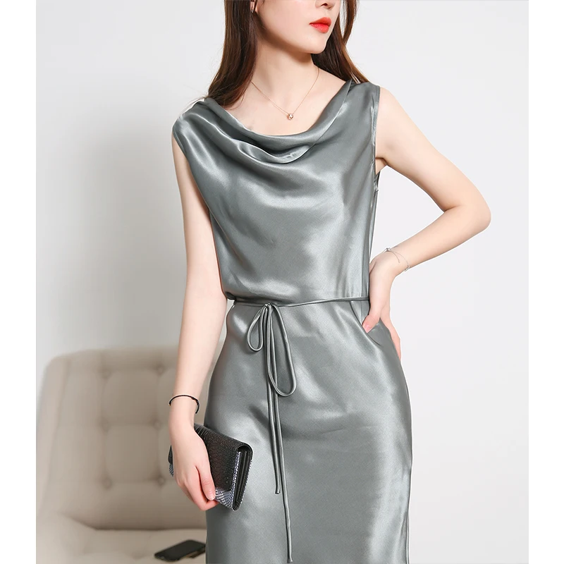 

Новинка; Платье из натурального шелка для женщин из натурального шелка высокого качества элегантные длинные серые вечерние платье леди лет...