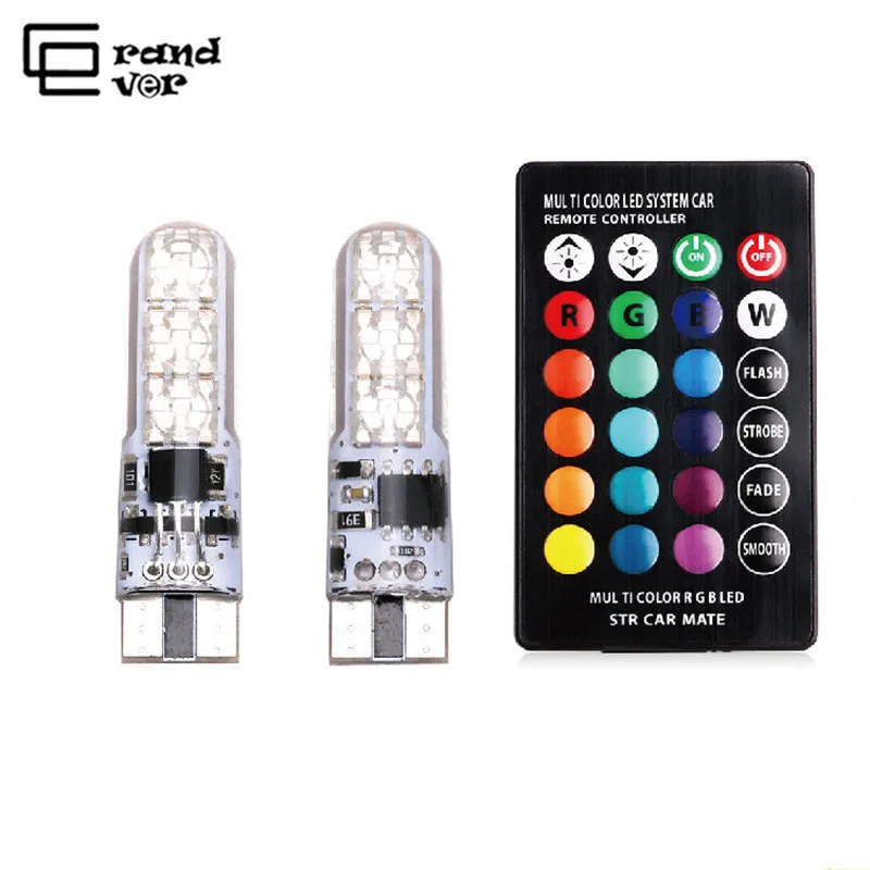 

2 шт. W5W Led T10 194 RGB светодиодные силиконовые красочные с RF Беспроводной дистанционного Управление автомобиля внутренняя Лицензия плиты свети...