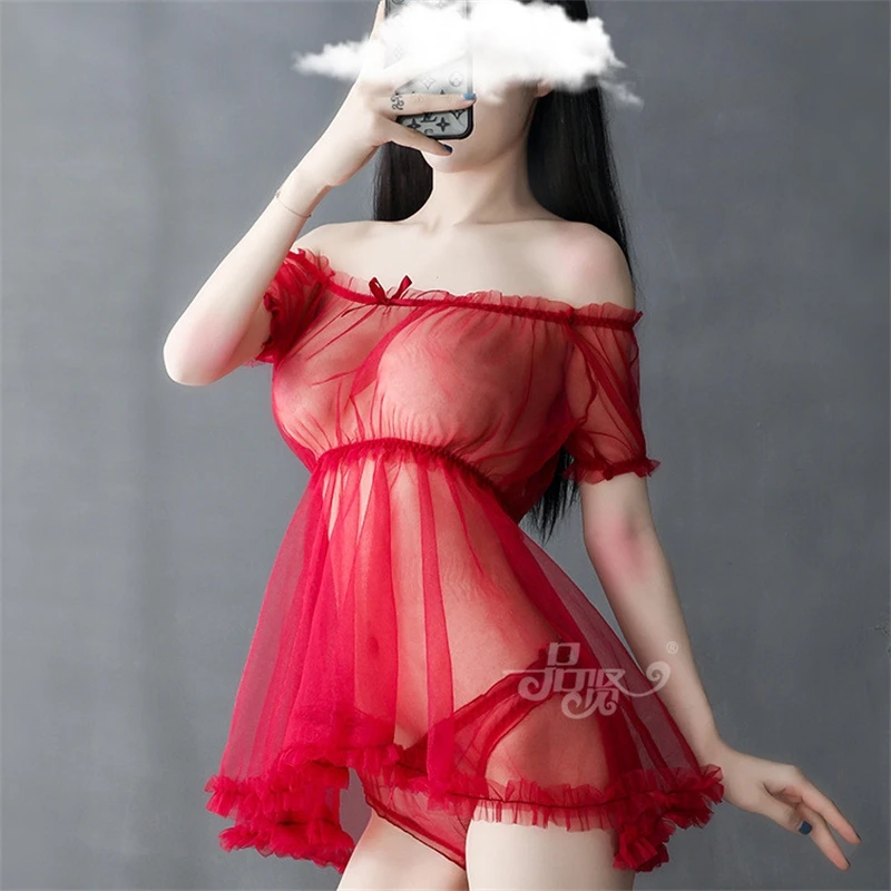 

Beautiful Fairy Gentle Princess Tulle Skirt Sexy Sleepwear Large Skirt Transparent Underwear Women's See-through off-Shoulder