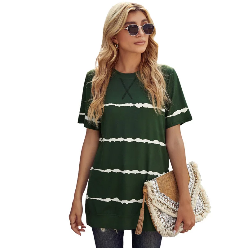 

T-shirts Women 2021 Summer Tees Tops Fashion Stripe Loose Style O-neck Casual Knitted Top Cotton Short Sleeve T-shirt Girls