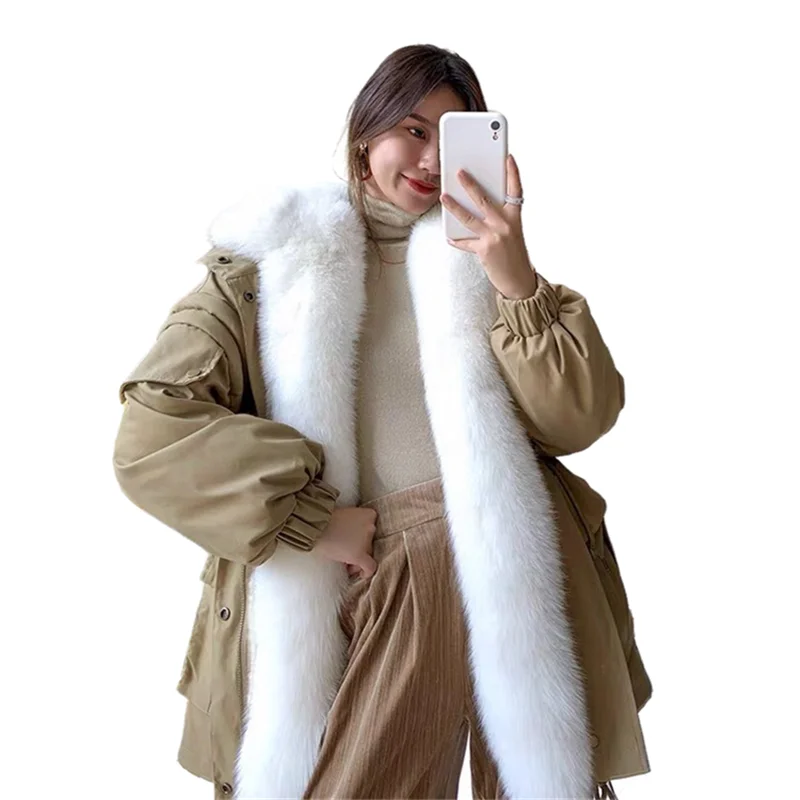Новинка 2021 Женская парка пальто с отделкой воротника из натурального Лисьего